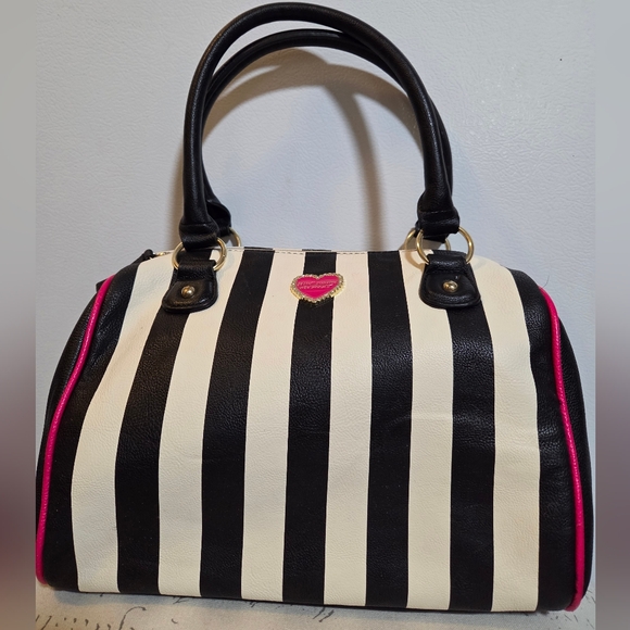 Betsey Johnson Handbags - Betsey Johnson Black and White Striped Satchel w/Pink Accents